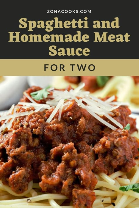 This easy Spaghetti with Homemade Meat Sauce takes just a few minutes of prep and then a slow simmer on the stove for a beef packed classic Italian spaghetti. This meat sauce from scratch is easy to make and super delicious, so much better than store bought. This recipe for two makes a great lunch, dinner or impressive date night meal. Serve it with a fresh side salad and some garlic bread or bread sticks. Spaghetti For Two Recipes, Spaghetti Recipes For Two, How Much Spaghetti To Cook Per Person, Spaghetti Sauce For Two, Small Batch Recipes For Two, Spaghetti For One, Small Batch Spaghetti Sauce, Spaghetti For Two, Italian Spaghetti Sauce