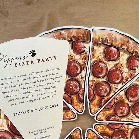 Aimee | Illustrator on Instagram: "Who wouldn’t love a pizza party? A weirdough 😜

Loved creating this extra insert for an Italian wedding. A illustrated pizza shaped card to bring a slice of fun to the wedding stationery suite. 

Oh to be eating pizza in Italy right now 😍☁️

•
#pizza #fridaypizza #diecut #diecutcards #bespokeweddingstationery #customcards #bespokeweddinginvitations #digitalillustration #digitalartwork #itsallinthedetails #pizzacard #pizzaparty #freelanceillustrator #weddingstationer #prettypaper #onmydesk #destinationwedding #italianwedding #italianfood #italywedding #pizzaslice
#uniqueweddingideas" Garden Pizza Party, Pizza Bar Party, Birthday Pizza Party, Pizza Card, Pizza Instagram, Pizza In Italy, Garden Pizza, Pizza Party Invitations, Activation Ideas