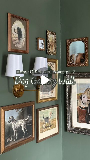 Emma Shay | interior decorator + homebody 🏡 on Instagram: "Dog lovers, you’ll adore this gallery wall 🐶🐾🐶  I’ve been collecting dog art for years from thrift stores, antique stores, art fairs, Etsy, the public domain, artists who created art of my dogs, estate sales… basically anywhere I could find it. I’m drawn to it.  Some dog art is scattered throughout my house, but I knew these pieces would work in a gallery wall together, and I’m excited to finally get it up (and the frames off of my floor, that’s the real celebration here). I went for an eclectic, collected, hardly even or symmetrical look so I can easily add more art if I would like to. Which is highly likely." Antique Gallery Wall Ideas, Dog Collage Wall, Dog Art Gallery Wall, Dog Gallery Wall, Antique Gallery Wall, Plaid Room, Salon Bathroom, Picture Gallery Wall, Instagram Dog