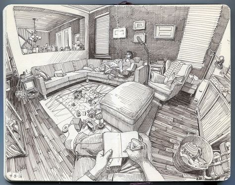 Curvilinear Perspective, Living Room Sketch, Monochromatic Drawing, Paul Heaston, Room Sketch, Pocket Moleskine, Moleskine Sketchbook, Moleskine Art, Sketchbook Inspo