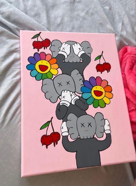 Grad Painting Ideas Canvas, Pics To Paint On Canvas, Kaws Wall Painting, Klaws Painting Canvas, Diy Painting Canvas Easy Wall Decor, Cute Canvas Ideas, Kaws Painting Ideas On Canvas, Kaws Canvas Painting, 90s Painting Ideas