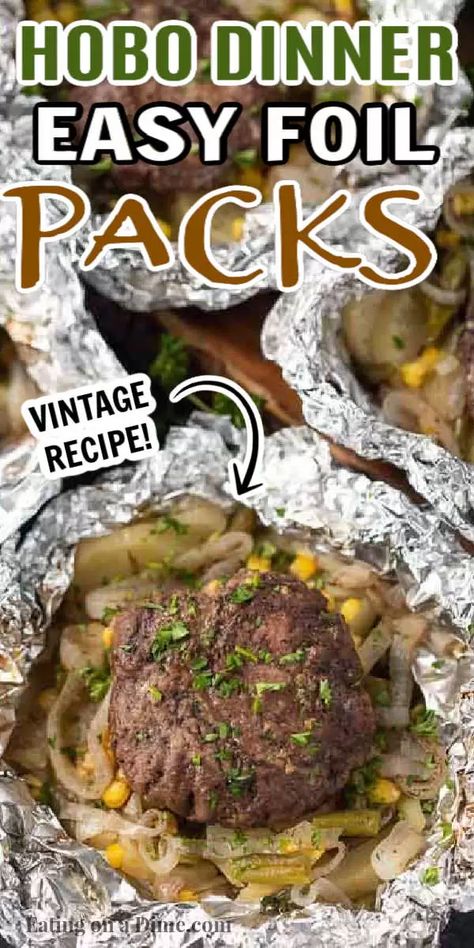 These hobo dinner foil packets are the ultimate campfire comfort food. These hobo packets made on the grill or in the oven with ground beef are perfect for camping or just for an easy family dinner. You are going to love this easy hobo dinner recipe! #eatingonadime #hobodinners #grillingrecipes #campingrecipes #beefrecipes Dinner Recipe Ground Beef, Hobo Dinner Foil Packets, Dinner Foil Packets, Hobo Meals, Hobo Dinner Recipes, Hobo Dinner, Tin Foil Dinners, Recipe Ground Beef, Hobo Dinners