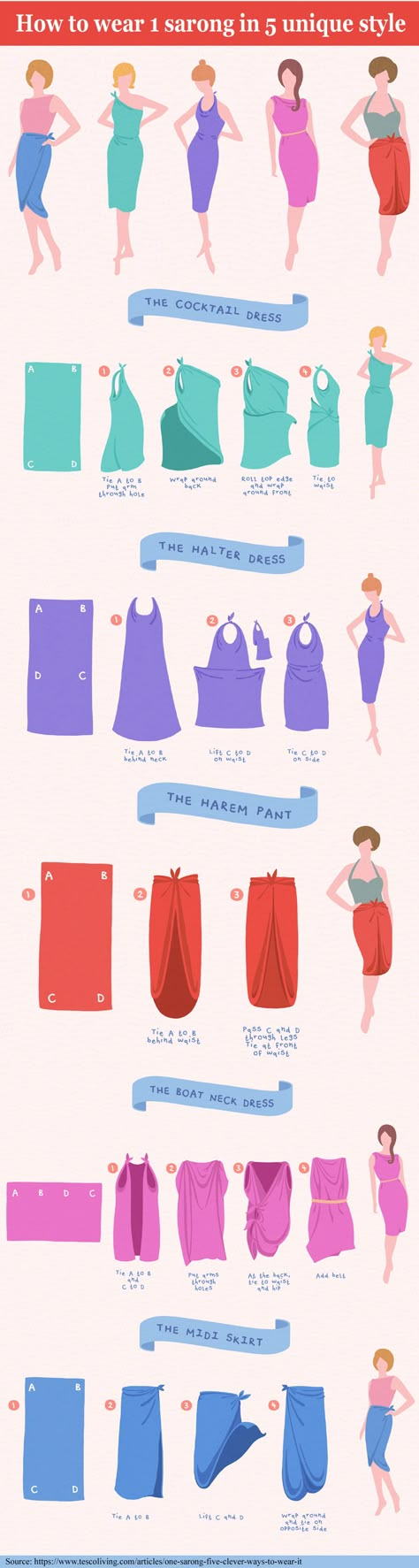 sarong infographics Convertible Clothing, Fashion Infographic, Mode Tips, Beach Sarong, Diy Vetement, Fashion Vocabulary, How To Wear Scarves, Clothing Hacks, Mode Inspiration