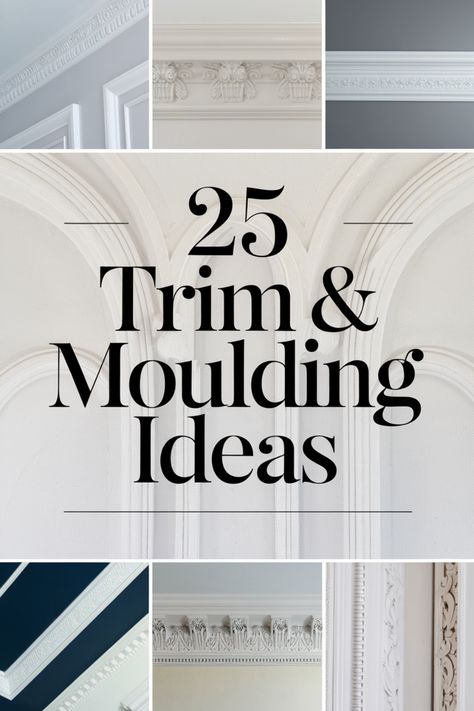 25 Trim and Moulding Ideas. Various examples of ornate crown molding and trim designs are shown. Crown Moulding Styles, Trim Ideas For Walls, Modern Crown Molding Ideas, Wall Moulding Designs, Craftsman Style Door Casing, Wall Moulding Ideas, Wall Trim Ideas, Trim Molding Ideas, Crown Molding Ideas