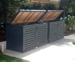 Handmade timber bin stores | The Bike Shed Company | ESI External Works Large Garden Storage Ideas, Bin Storage Ideas, Bin Stores, Garbage Shed, Outdoor Bike Storage, Bin Shed, Bike Storage Solutions, Garbage Storage, Bike Wall