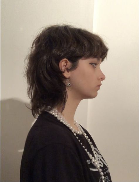 Almost Mullet Hair, Mullet With Wispy Bangs, Mullet Hairstyle For Round Face, Mullet Hairstyle Round Face, Short Mullet On Women, Short Shaggy Mullet Women, Trans Femme Haircuts, Shag Mullet With Bangs, Mullet Girl Haircut