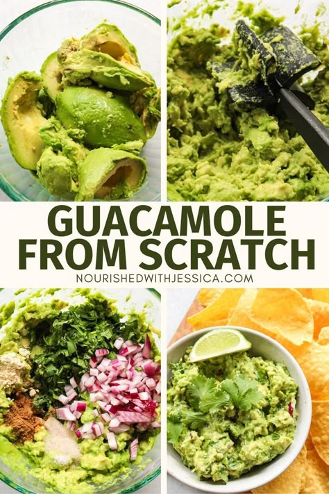 This homemade guacamole is so easy to make from scratch! It only has 7 ingredients and is so much better than anything you can buy at the store! Make this as an appetizer or chip and serve with chips, or use it to top your favorite dishes such as tacos or eggs. It also makes great avocado toast! Chips And Guacamole, Homemade Guac, Easy Guacamole Recipe, Fiesta Night, Homemade Guacamole Recipe, Quick Appetizer, Avocado Guacamole, Guacamole Recipe Easy, Best Macaroni Salad