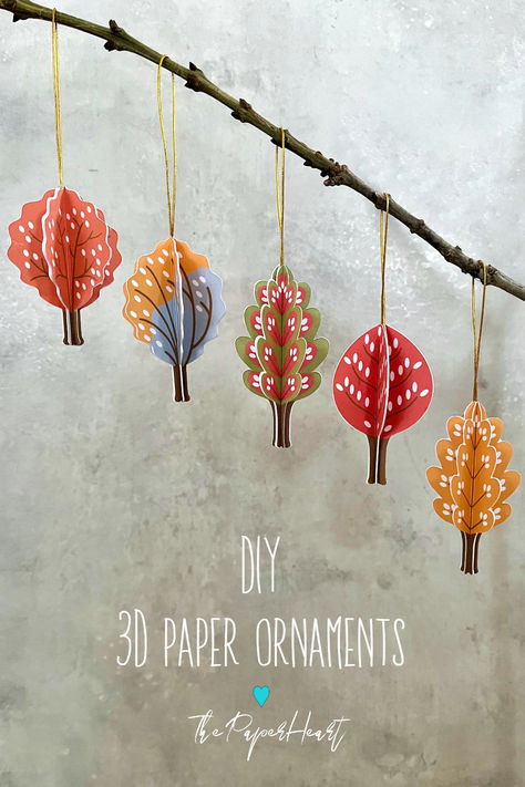 5 hanging 3D tree ornaments in orange, yellow, gray, red and green Christmas Tree Collage Art, Paper Christmas Ornaments Diy, Paper Ornaments Diy, 3d Ornaments, Paper Trees, Tree Collage, Christmas Branches, Paper Christmas Ornaments, 3d Tree