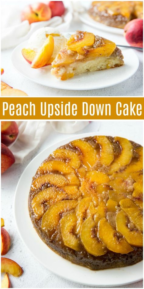 Peach Upside Down Cake recipe from RecipeGirl.com #peach #upside #down #cake #upsidedown #upsidedowncake #recipe #RecipeGirl Peach Upside Down Cake, Peach Recipes, Homemade Recipes Dessert, Homemade Dessert, Peach Desserts, Peach Cake, Fresh Peaches, Canned Peaches, Peach Pie