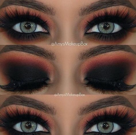 Eyeshadow goals! @amysmakeupbox  #eyeshadow #smokeyeye #eye #makeup Halloween Makeup Orange And Black, Orange Black Eye Makeup, Black And Orange Smokey Eye, Orange And Black Witch Makeup, Dark Halloween Eye Makeup, Black And Orange Eye Makeup, Dark Orange Eyeshadow Looks, Orange And Black Eye Makeup, Black Devil Makeup Halloween