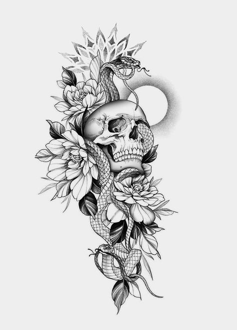 Pretty Skull Tattoos, Floral Skull Tattoos, Skull Thigh Tattoos, Skull Tattoo Flowers, Feminine Skull Tattoos, Skull Rose Tattoos, Hip Thigh Tattoos, Skull Sleeve Tattoos, Dotwork Tattoo