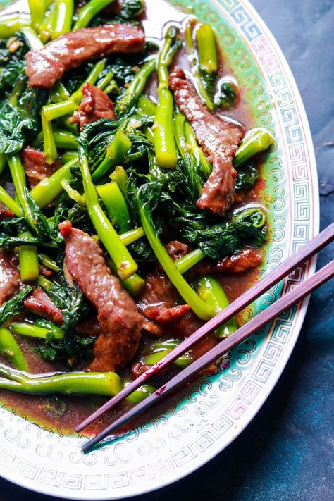 Stir-fried Beef and Gai Lan-closeup plated Gai Lan Recipe, Chinese Broccoli, Asian Inspired Dishes, Marinated Beef, Fried Beef, Beef Stir Fry, Chinese Cooking, Cooking Wine, Beef Dinner