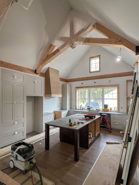 cottage kitchenette with hood and gray cabinets Cottage Kitchenette, Tile Update, Cottage Building, Lilypad Cottage, Mudroom Flooring, Gray Cabinets, Lake Cottage, Grey Cabinets, Cottage Kitchen