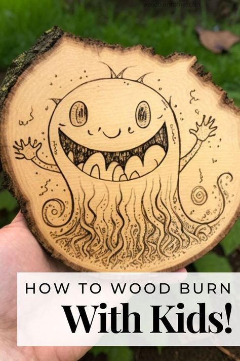 a wood slice with a monster wood burned onto the surface. Wood Burning Tutorial, Kids Project Ideas, Wood Burned Art, Wood Burned Gifts, Craft Project Ideas, Pyrography Designs, Wood Burning Pen, Woodburning Projects, Wooden Keychain