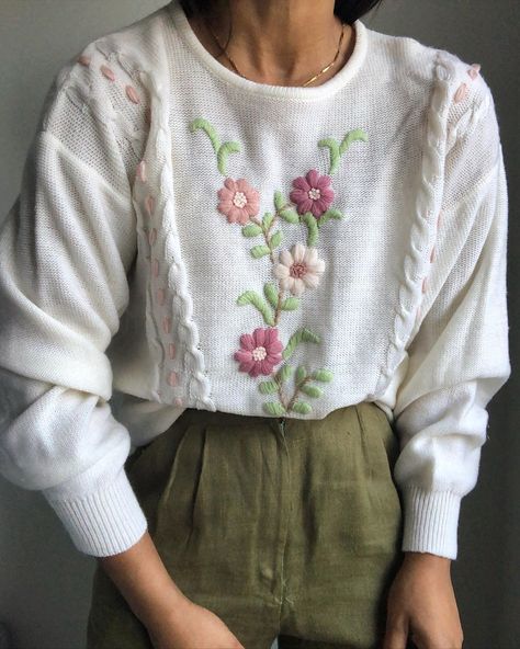 @smallneeds on Instagram: “vintage favorite flower embroidered sweater 🥀” Embroider Jacket, Sweaters Outfit, Favorite Flower, Embroidered Sweater, Embroidered Jacket, Embroidered Flowers, Turtleneck Sweater, Design Ideas, Tights