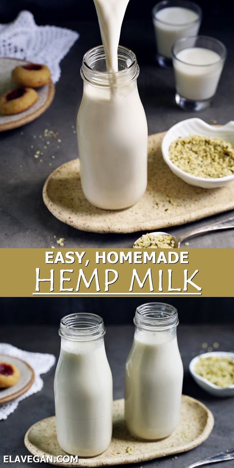 How to make hemp milk with just 4 ingredients (2 of those are optional) and in several minutes. The result is a creamy, protein-dense, highly nutritional, plant-based milk alternative! Hemp Milk Benefits, Hemp Milk Recipes, Hemp Seed Milk, Nut Milk Recipe, Homemade Nut Milk, Vegan Drinks Recipes, Oat Milk Recipe, Milk Benefits, Hemp Milk