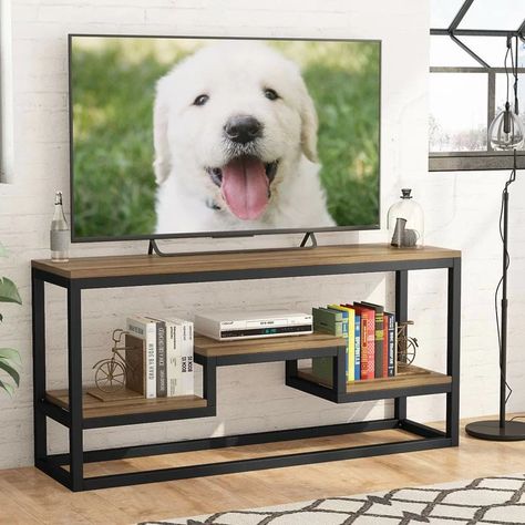 Williston Forge Neilsen TV Stand for TVs up to 65" | Wayfair Modern Media Unit, 60 Tv Stand, Large Tv Stands, Media Console Table, Rustic Console Tables, Rustic Tv Stand, Barn Door Designs, Solid Wood Tv Stand, Large Tv