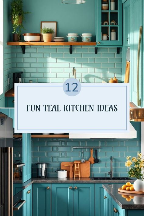 Teal Kitchen Inspiration, Teal Subway Tile, Teal Kitchen Ideas, Teal Kitchens, Teal Kitchen Cabinets, Teal Plates, Dining Room Teal, Teal Cabinets, Trendy Kitchen Design