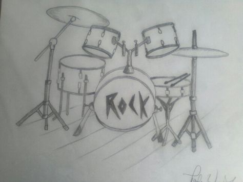 Drum set drawing done by Paula Wroblinski How To Draw A Drum Set, How To Draw Drums, Drum Drawing Easy, Drums Sketch, Drum Set Drawing, Drummer Drawing, Drums Drawing, Drum Drawing, Drawing Rocks