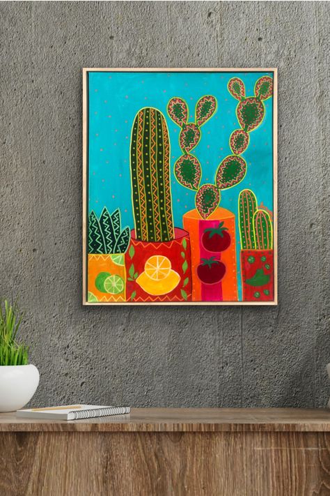 This colorful folk art painting is so vibrant! Perfect if you are looking for mexican wall art or boho wall decor. I am fascinated with cacti, I paint them over and over. I love their sculptural shapes! This cactus painting has been painted on canvas with acrylic paint. Mexican Cactus Art, Cactus Painting Acrylic, Mexican Boho Decor, Mexican Art Painting, Framed Botanical Art, Mexican Cactus, Mexican Artwork, Mexican Paintings, Mexican Wall Art