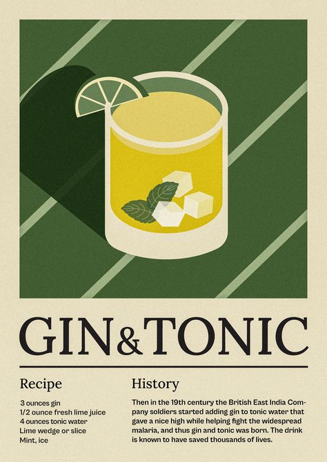 Gin Tonic Recipe, Poster Design Illustration, Cocktail Illustration, Interior Artwork, Event Poster Design, Graphic Design Poster, Gin And Tonic, Mixology, Green Aesthetic