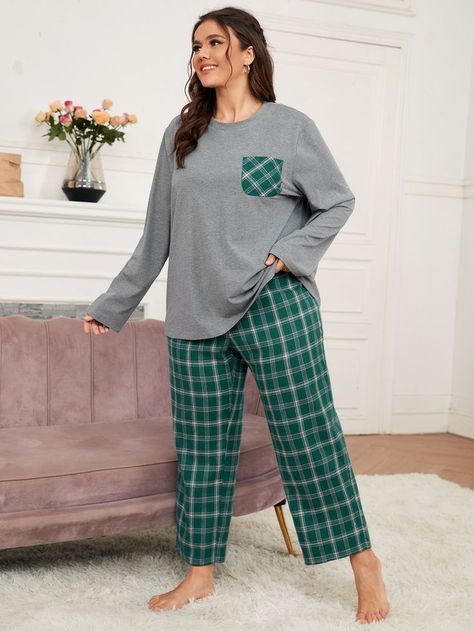 Free Returns ✓ Free Shipping On Orders $49+ ✓. SHEIN Plus Pocket Patched Top & Plaid Print Pants PJ Set- Plus Size Pajama Sets at SHEIN. Plus Size Lounge Wear Outfit, Plus Size Lounge Wear, Plus Size Lounge, Plus Size Pyjamas, Zara Models, Plaid Pant, Patch Top, Cute Sleepwear, Plus Size Pajamas