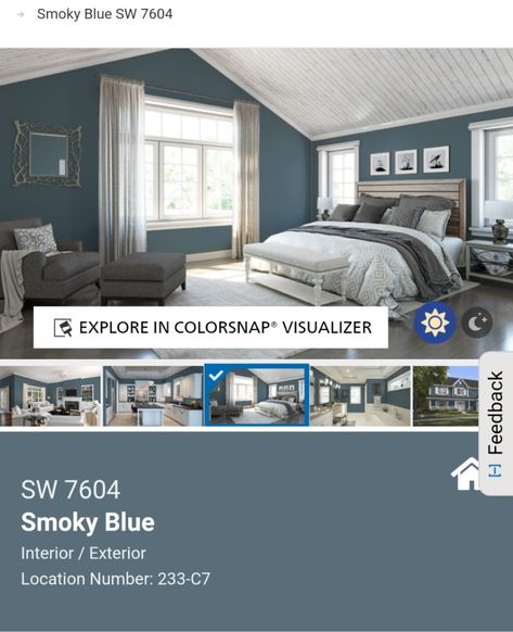 Office Wall Colors, Blue Bedroom Walls, Blue Wall Colors, Grey Accent Wall, Blue Accent Walls, Accent Wall Colors, House Redesign, Smoky Blue, Farm House Colors