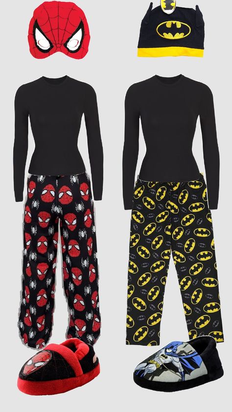 Batman And Spiderman Halloween Costume, Spider Man And Batman Costume, Spiderman Pjs, Batman Pjs, Batman Pajama Pants, Batman And Spiderman, Spiderman Halloween Costume, Bff Outfits Matching, Spiderman Pajamas