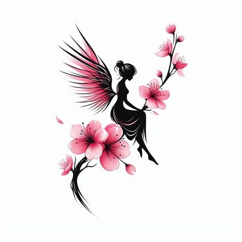 Fairy Tattoos For Women, Polka Tattoo Designs, Chinese Cherry Blossom, Trash Polka Tattoos, Cherry Blossom Tree Tattoo, Trash Polka Tattoo Designs, Blossom Tree Tattoo, Dragon Tattoo Ideas, Polka Tattoo