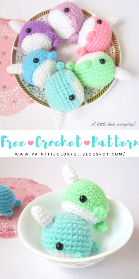 Hello all! As promised i'm here with a free amigurumi pattern for Narwhals. They are tiny, cute and very easy to make. You can skip the tusk and you'll get a whale. Serves as a two in one pattern!!So let's dive into the crochet tutorial without further ado.. #knittingideas #crochetideas #knitting Pola Amigurumi, Crochet Animals Free Patterns, Kawaii Crochet, Crochet Amigurumi Free Patterns, Crochet Amigurumi Free, A Whale, Crochet Animal Patterns, Fun Crochet Projects, Diy Crochet Projects