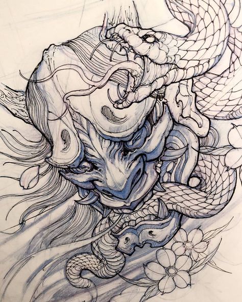 Hanya Mask Sketch by: @davidhoangtattoo Snack Tattoo, Composition Tattoo, Oni Tattoo, Japanese Demon, Tattoo Snake, Japanese Tattoos, Asian Tattoos, Japanese Sleeve Tattoos, Japan Tattoo