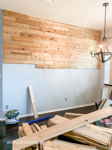 Quick & Easy DIY Cedar Plank Feature Wall | Sense & Serendipity Wood Plank Walls Bedroom, Shiplap Wall Natural Wood, Plank Wall Behind Bed, Wood Stain Shiplap Wall, Light Wood Shiplap Wall, Wood Panelling Headboard Wall, Easy Plank Wall, Cedar Plank Wall Living Rooms, Wood Wall Remodel