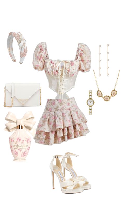 Coquette,OOTD,floral,top,skirt,plaided,heels,watch,earrings,bag,gold,perfume,love shake Coquette Fashion Outfit, Hyperfeminine Outfit, Princesscore Outfits, Aesthetic Outfits Coquette, Coquette Wardrobe, Outfit Inspo Coquette, Princess Aesthetic Outfits, Coquette Clothes, Coquette Clothing