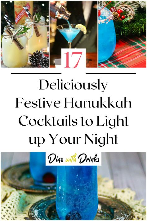 Collage of 4 hanukkah cocktails. Hanukkah Cocktail Party, Hanukkah Drinks, Hannukah Cocktail, Hanukkah Cocktails, Chanukah Cocktails, Hannukah Party, Blue Curacao Drinks, Hanukkah Diy, Hanukkah Dinner