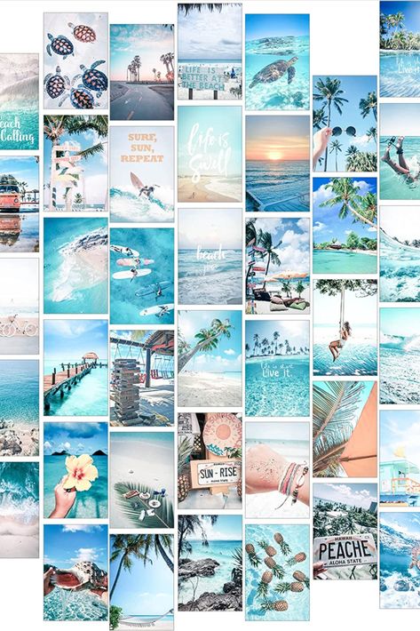 Room Collage Wall Aesthetic Pictures Beach, Surf Room Ideas Aesthetic, Room Decor Ideas Beachy, Room Decor Ocean Theme, Teen Beach Theme Bedroom, Beach Theme Bedroom For Teens, Surfer Girl Aesthetic Bedroom, Surfer Girl Room Decor, Blue Photo Wall Collage