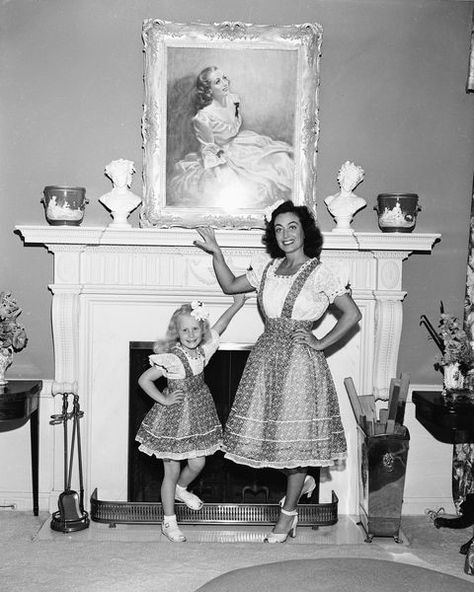 Joan Crawford And Daughter Christina By Fireplace Joan Crawford Mommy Dearest, Christina Crawford, Joan Crawford Children, Adrienne Ames, Mommie Dearest, Mildred Pierce, Mother Daughter Dresses Matching, Mommy Dearest, Silent Film Stars