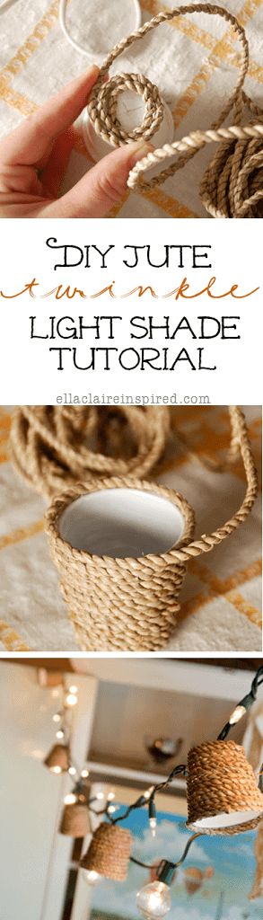 Jute Twinkle Light Shade Tutorial - I promised I would post a tutorial on how I made these little jute twinkle light shades that I used to decorate my sister's baby shower, here . I layered my hanging decorations with these, the big bulb lights, and a vintage pennant banner, so it was fun to have all of the different textures #crafts #diy Rope Lamp Shade, Lamp Shade Diy, Rope Ceiling, Shade Tutorial, Wedding Fabrics, Jute Lights, Luminaria Diy, Rope Lamp, Rope Projects