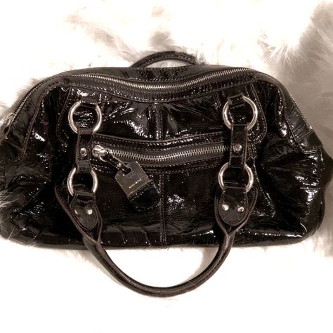 Very Pretty Faux Patent Leather Handbag By Nine West. It's Almost Black But Not Quite. It's A Very Deep Shiny Brown/Black. Never Used. Lots Of Room, Great Size. Fashionable Purses, Handbags Big, Y2k Shoulder Bag, Lace Bag, Nine West Bags, Patent Leather Handbags, Metallic Purse, Vintage Leather Bag, Black Handbag