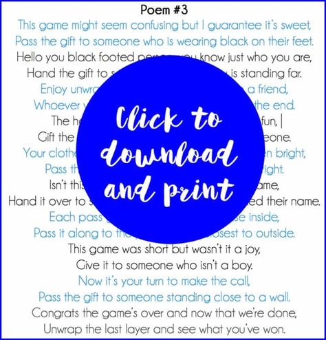 Love this fun twist on traditional gift exchange games! Wrap up gifts with multiple layers of wrapping and a passing phrase in between with something like, "Hey there good-looking, now it’s up to you, hand the gift over to someone wearing blue.” Three free printable poems to use for the game! Such a fun gift exchange idea and could be awesome with DIY gifts like homemade cookies or Christmas crafts! Gift Exchange Poem, Best Christmas Party Games, Gift Exchange Game, Christmas Gift Games, Mickey Mouse Baby Shower, Gift Exchange Games, Christmas Cookie Exchange, Christmas Game, Christmas Poems