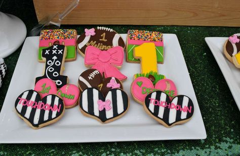 Tutus And Touchdowns Birthday Party, Football And Cheerleader Birthday Party, Girl Football Birthday Party, First Year Down Football Birthday Girl, Girly Football Party, Girlie Birthday Party, Girls Sports Birthday Party, Pink Football Party, Girl Football Party