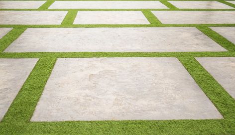 Discover how artificial turf in Boston enhances driveways, learn what to consider when integrating it into your property, and other design tips. Paver Turf Design, Turf Pavers Driveway, Backyard Turf And Concrete, Turf Driveway, Concrete Slabs With Turf, Turfstone Pavers Driveway, Grass Pavers Driveway, Turf Paver, Dollhouse Patio