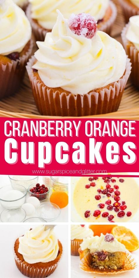 How to make cranberry orange cupcakes with orange buttercream frosting and sugared cranberry garnish. These punchy Christmas cupcakes are a refreshing alternative to chocolate cupcakes to add to your holiday baking list. Cranberry Orange Cupcakes Holidays, Cranberry Cupcakes Recipe, Cranberry Buttercream Frosting, Orange Cranberry Cupcakes, December Cupcakes Ideas, Holiday Cupcake Recipes, Christmas Flavored Cupcakes, Christmas Cupcake Flavor Ideas, Punchy Christmas