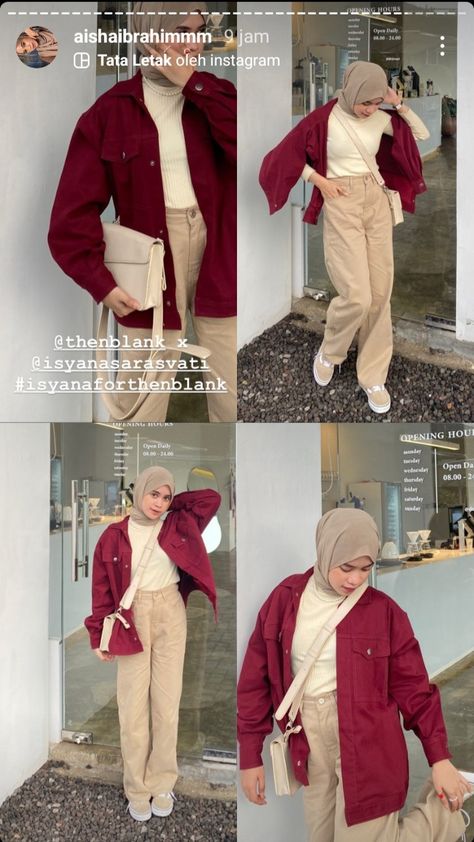 Ootd Kemeja Maroon, Maroon Hijab Outfit, Maroon Outfit Ideas, Maroon Shirt Outfit, Maroon Hijab, Maroon Outfit, Outfit Hijab Casual, Color Combos Outfit, Modern Hijab Fashion