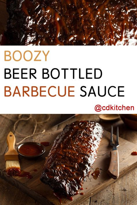 Boozy Beer Bottled Barbecue Sauce - This recipe doesn't even pretend to cook out the alcohol first, it just throws it straight in and makes it boozy. Regular lager beer is a safe bet, but the flavors in the sauce would play well with some darker ales too. | CDKitchen.com Beer Barbecue Sauce Recipe, Beer Bbq Sauce Recipe, Beer Bbq Sauce, Vinegar Bbq Sauce, Bbq Sauce Homemade Easy, Barbecue Sauce Recipe, Homemade Bbq Sauce Recipe, Basting Sauce, Cook Out