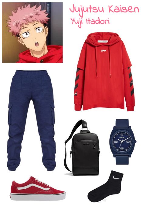 Step into the world of Jujutsu Kaisen with this stylish and androgynous Yuji Itadori-inspired outfit. Featuring bold red and blue streetwear, this look is perfect for exorcising curses in style. The outfit includes a red jacket with black accents, blue/navy cargos, and red trainers. With this Anime-inspired look, you'll be ready to take on any challenge that comes your way. Yuji Itadori Outfit Ideas, Anime Outfit Men, Yuji Itadori Outfit, Jujutsu Kaisen Outfit Ideas, Yuji Outfit, Jujutsu Kaisen Inspired Outfits, Anime Inspired Outfits Men, Jjk Inspired Outfits, Anime Fashion Outfits Inspiration