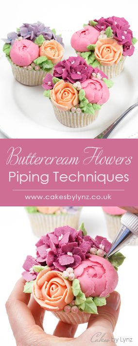 Buttercream Flower Bouquet Cupcakes - Roses, Peony & Hydrangea Piping Techniques - Cakes by Lynz Piped Peony, Flower Bouquet Cupcakes, Buttercream Desserts, Cupcake Bouquet Tutorial, Bouquet Cupcakes, Cake Piping Techniques, Buttercream Flowers Tutorial, Buttercream Piping, Pie Decoration