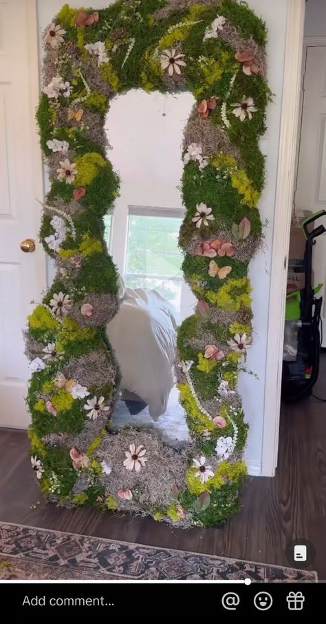 Diy Forest Mirror, Enchanted Forest Mirror Diy, Enchanted Mirror Diy, Moss Mirror, Moss And Flower Mirror, Flower Mirror Diy, Fairycore Room Mirrors, Diy Mirror Decor, Floor Length Mirror