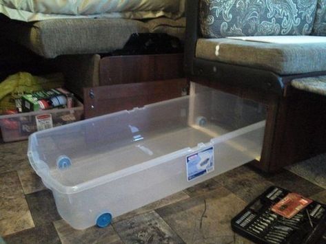 Under bench storage. RV Rangement Caravaning, Camper Storage Ideas Travel Trailers, Travel Trailer Hacks, Camper Organization Travel Trailers, Travel Trailer Organization, Camper Trailer Remodel, Camping Diy, Camper Organization, Rv Camping Tips