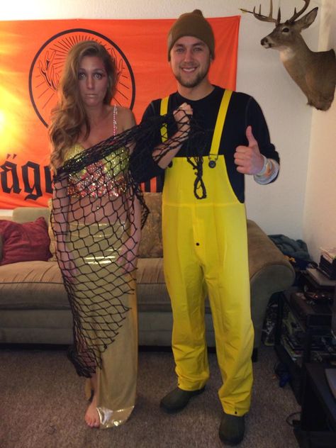 Mermaid and Fisherman Homemade Halloween Couples Costume Funny Couple Costumes Hilarious, Mermaid And Fisherman, Fisherman Costume, Homemade Couples Costumes, Halloween Couples Costume, Funny Couple Costumes, Halloween Couples, Couple Costumes, Couples Costume