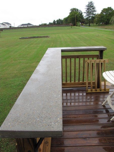 Concrete Bar on wood deck Decks Ideas, Deck Bench, Concrete Bar, Deck Bar, Deck Remodel, Patio Railing, Concrete Deck, Outdoor Fence, Porch Bar